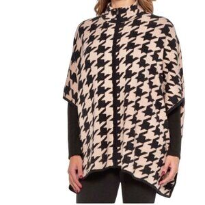 Jones New York Signature Wool Blend Beige Black Houndstooth Zip Poncho Size L/XL